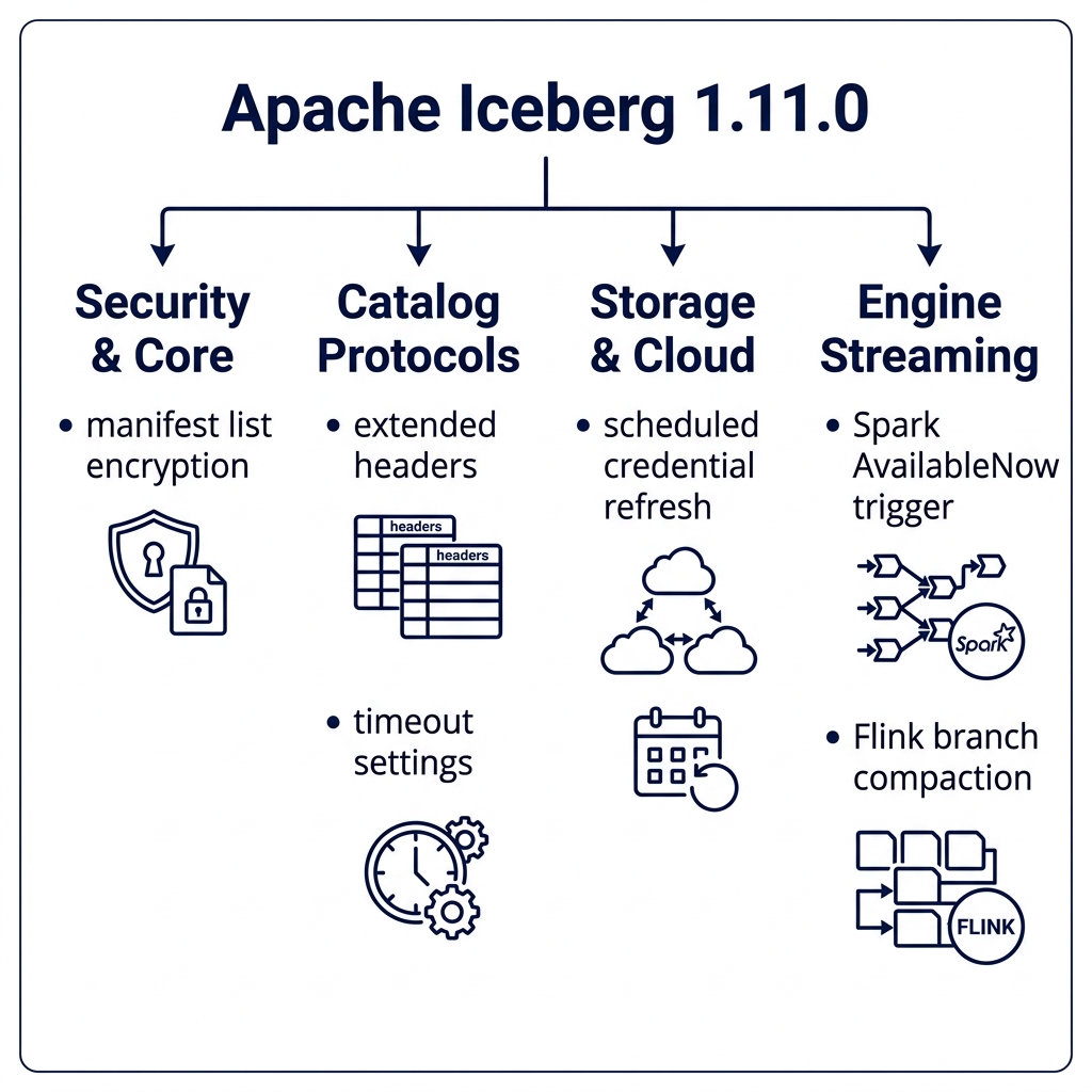Apache Iceberg 1.11.0 release overview diagram showing Security, Catalog, Storage, and Engine pillars