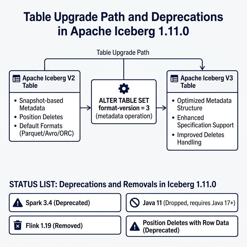 Table upgrade timeline showing migration SQL and deprecated connector support list
