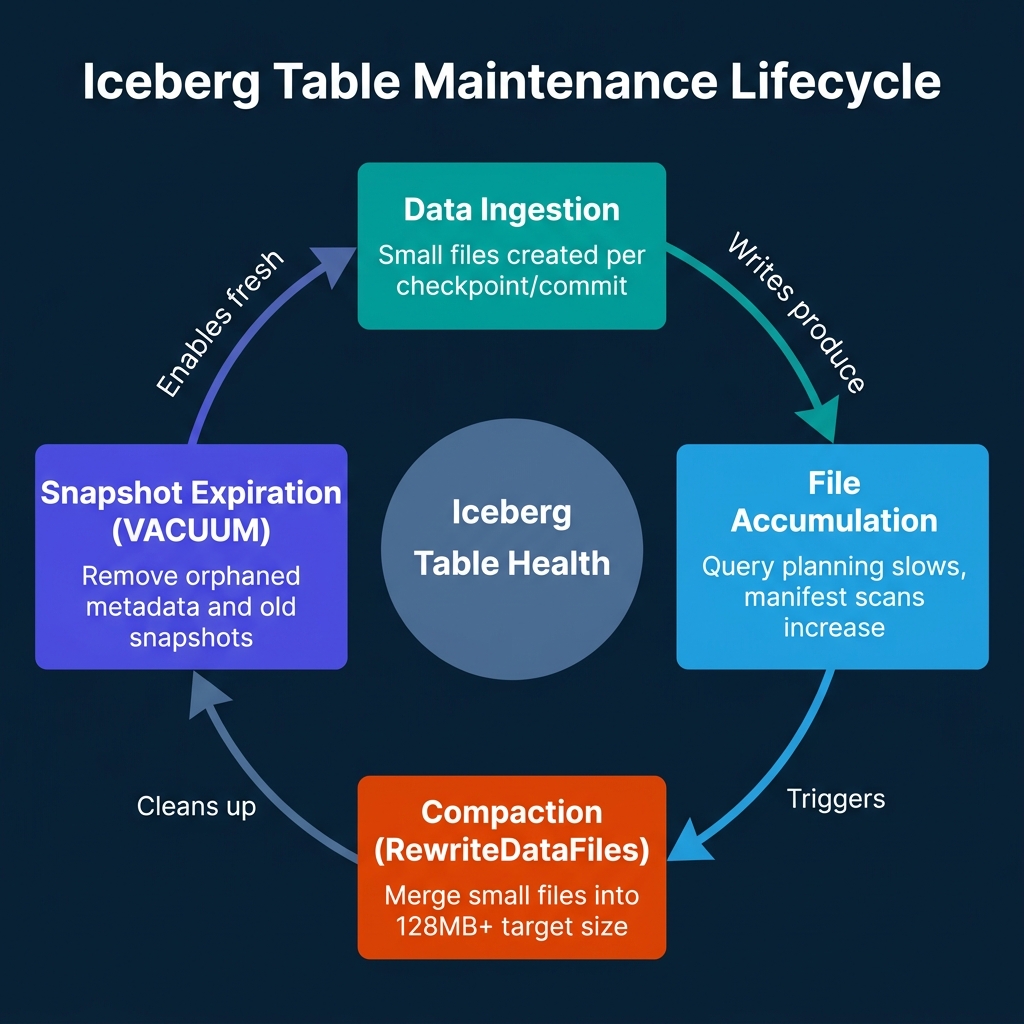 Circular lifecycle diagram showing Iceberg table maintenance stages: Data Ingestion, File Accumulation, Compaction (RewriteDataFiles), and Snapshot Expiration (VACUUM) cycling through Iceberg Table Health at center