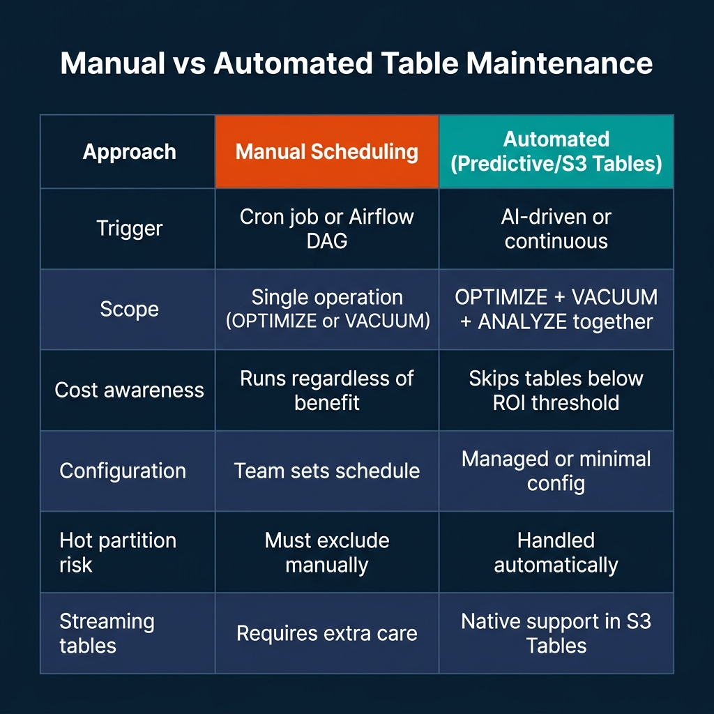 Comparison table showing manual scheduling versus automated (Predictive/S3 Tables) maintenance across six dimensions: trigger, scope, cost awareness, configuration, hot partition risk, and streaming table support