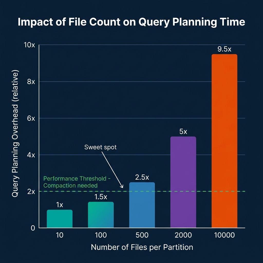 Bar chart showing query planning overhead increasing from 1x at 10 files per partition to 9.5x at 10, 000 files, with performance threshold at 2x indicating when compaction is needed