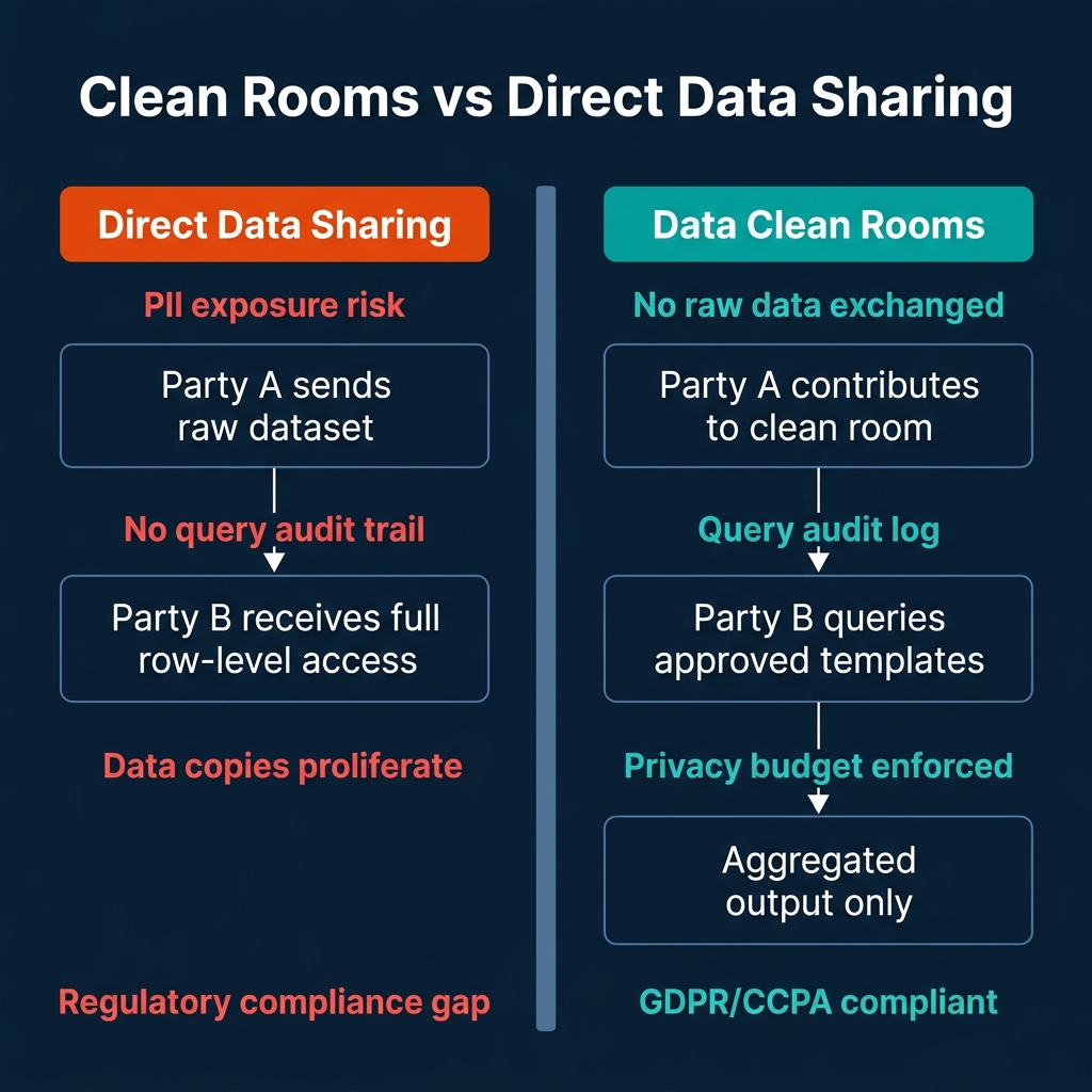 Side-by-side comparison showing direct data sharing risks (PII exposure, no audit trail, proliferating copies, compliance gap) versus data clean room benefits (no raw data exchanged, query audit log, privacy budget enforced, GDPR/CCPA compliant)