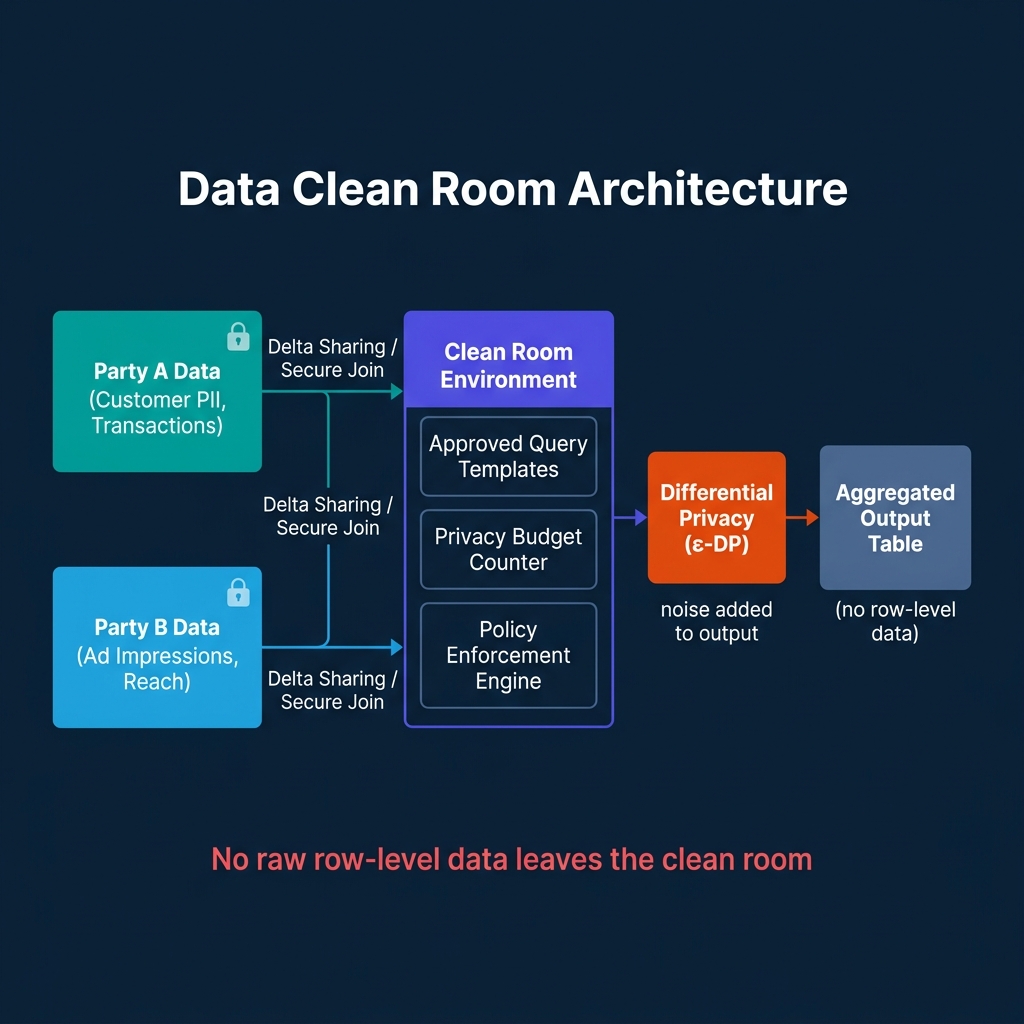 Clean room architecture diagram showing Party A and Party B data contributing via Delta Sharing to an isolated clean room environment with approved query templates, privacy budget, and policy engine, with differential privacy applied before aggregated output leaves