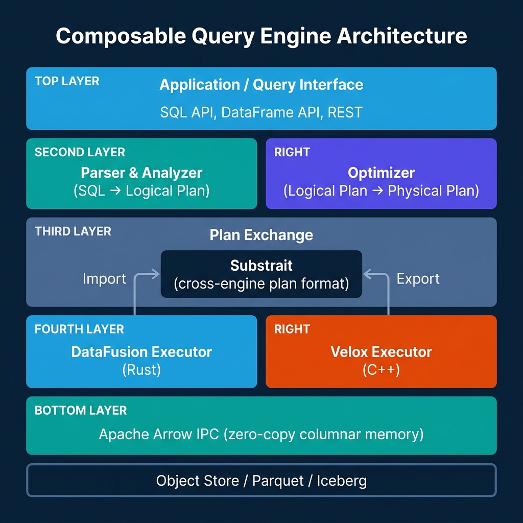 Layered architecture diagram showing composable query engine stack with application interface at top, parser and optimizer in second layer, Substrait plan exchange in the middle, DataFusion Rust and Velox C++ executors in fourth layer, Apache Arrow IPC below, and object store/Parquet/Iceberg at the bottom
