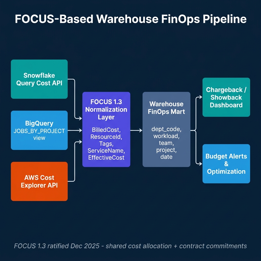 FOCUS-based warehouse FinOps pipeline showing Snowflake Query Cost API, BigQuery JOBS_BY_PROJECT view, and AWS Cost Explorer API all flowing into FOCUS 1.3 normalization layer, then to warehouse FinOps mart for chargeback dashboard and budget alerts