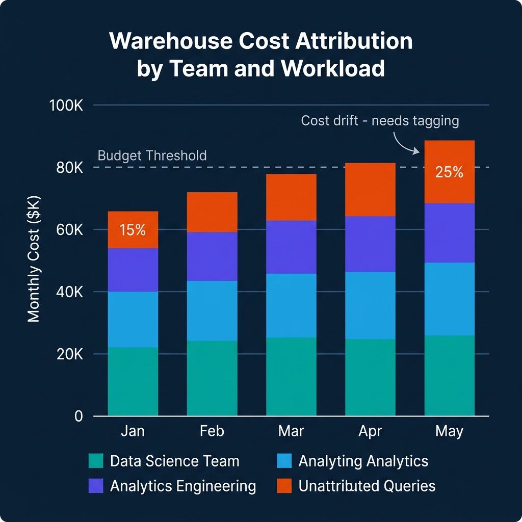 Stacked bar chart showing warehouse cost attribution by team from January to May with unattributed queries growing from 15% to 25% of total cost, exceeding budget threshold in April
