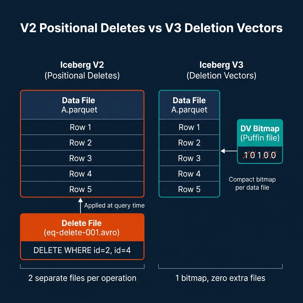 Architecture comparison showing Iceberg V2 creating separate positional delete Avro files for each delete operation versus Iceberg V3 using compact binary bitmaps stored in Puffin files alongside data files