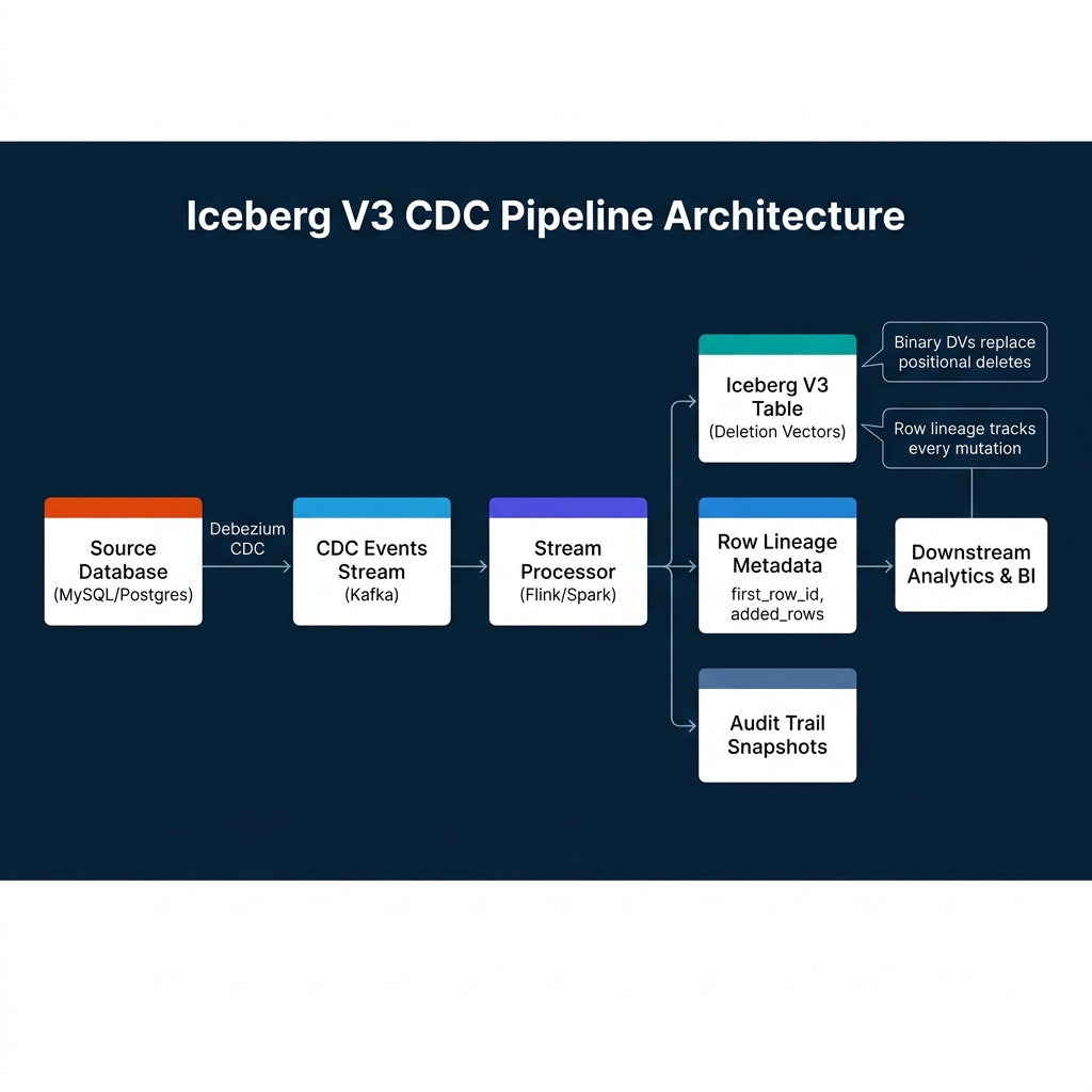 End-to-end CDC pipeline from source database through Debezium and Kafka to Flink stream processor, then into Iceberg V3 tables with deletion vectors, row lineage metadata, and audit trail snapshots for downstream analytics