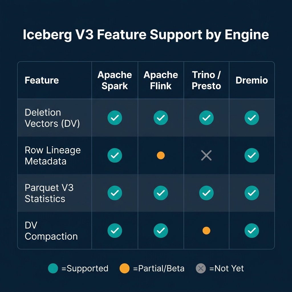 Feature support matrix for Iceberg V3 showing deletion vectors, row lineage metadata, Parquet V3 statistics, and DV compaction support levels across Apache Spark, Apache Flink, Trino/Presto, and Dremio
