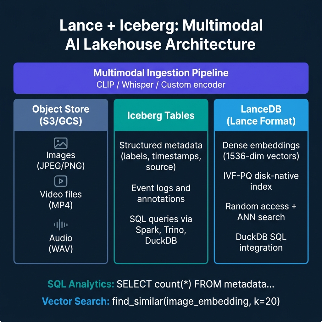 Lance and Iceberg multimodal AI lakehouse architecture showing object store for raw blobs, Iceberg tables for structured metadata with SQL analytics, and LanceDB for embeddings with vector search, all fed by a multimodal ingestion pipeline using CLIP, Whisper, and custom encoders