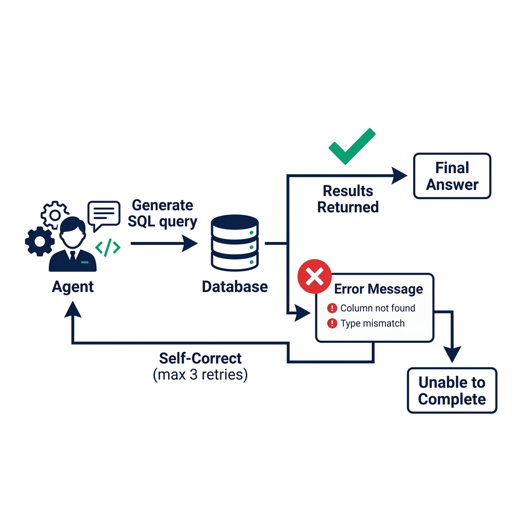 Agentic analytics self-correction error handling flow