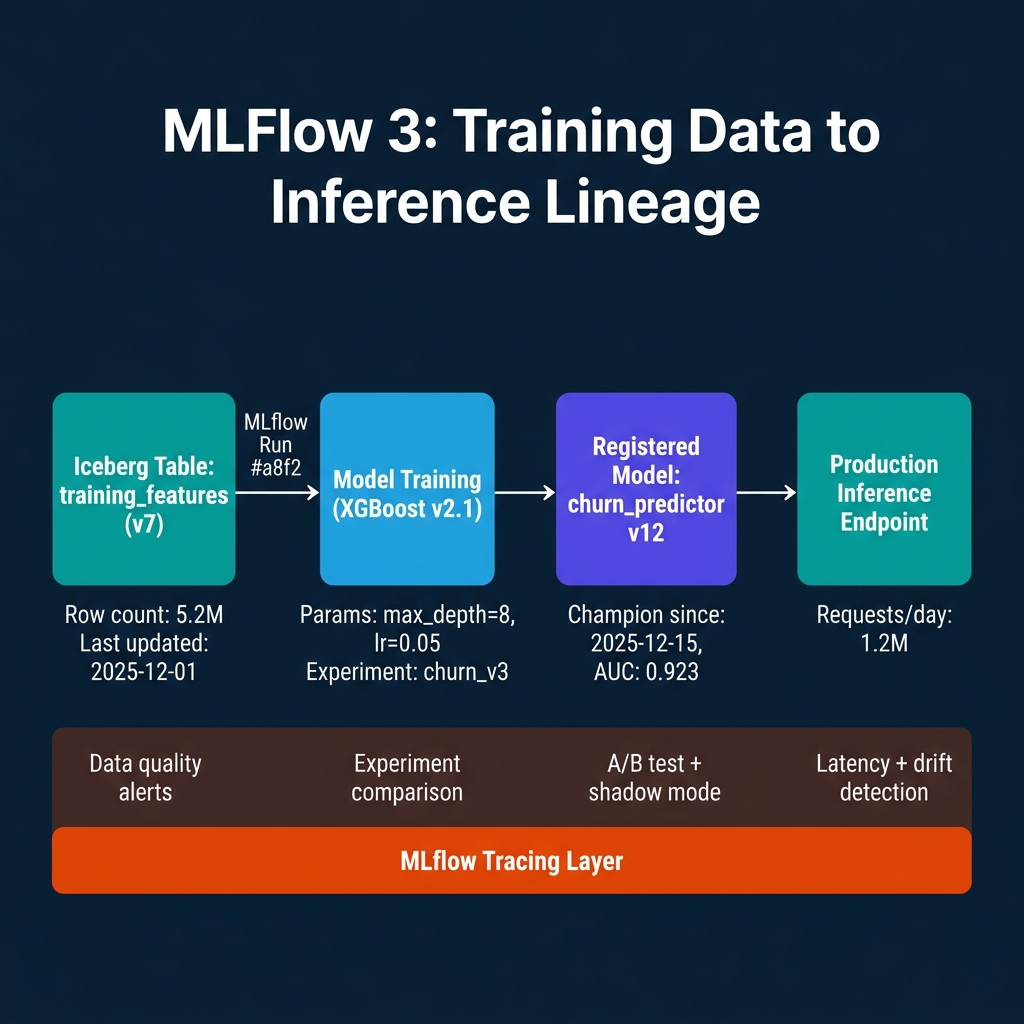 MLflow 3 training data to inference lineage diagram showing Iceberg training features table to XGBoost model training tracked by MLflow run, to registered model, to production inference endpoint, with MLflow tracing layer below showing data quality alerts, experiment comparison, A/B testing, and drift detection