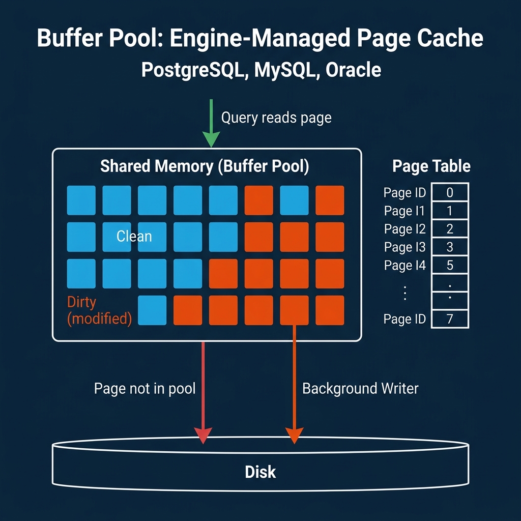 Buffer pool architecture showing shared memory pages, page table, cache hits, and background writes to disk