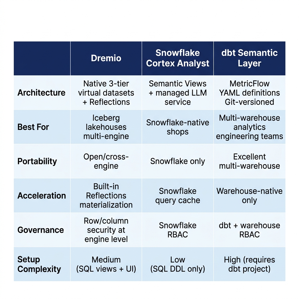 Comparison table showing Dremio, Snowflake Cortex Analyst, and dbt Semantic Layer across architecture, best use case, portability, acceleration, governance, and setup complexity dimensions
