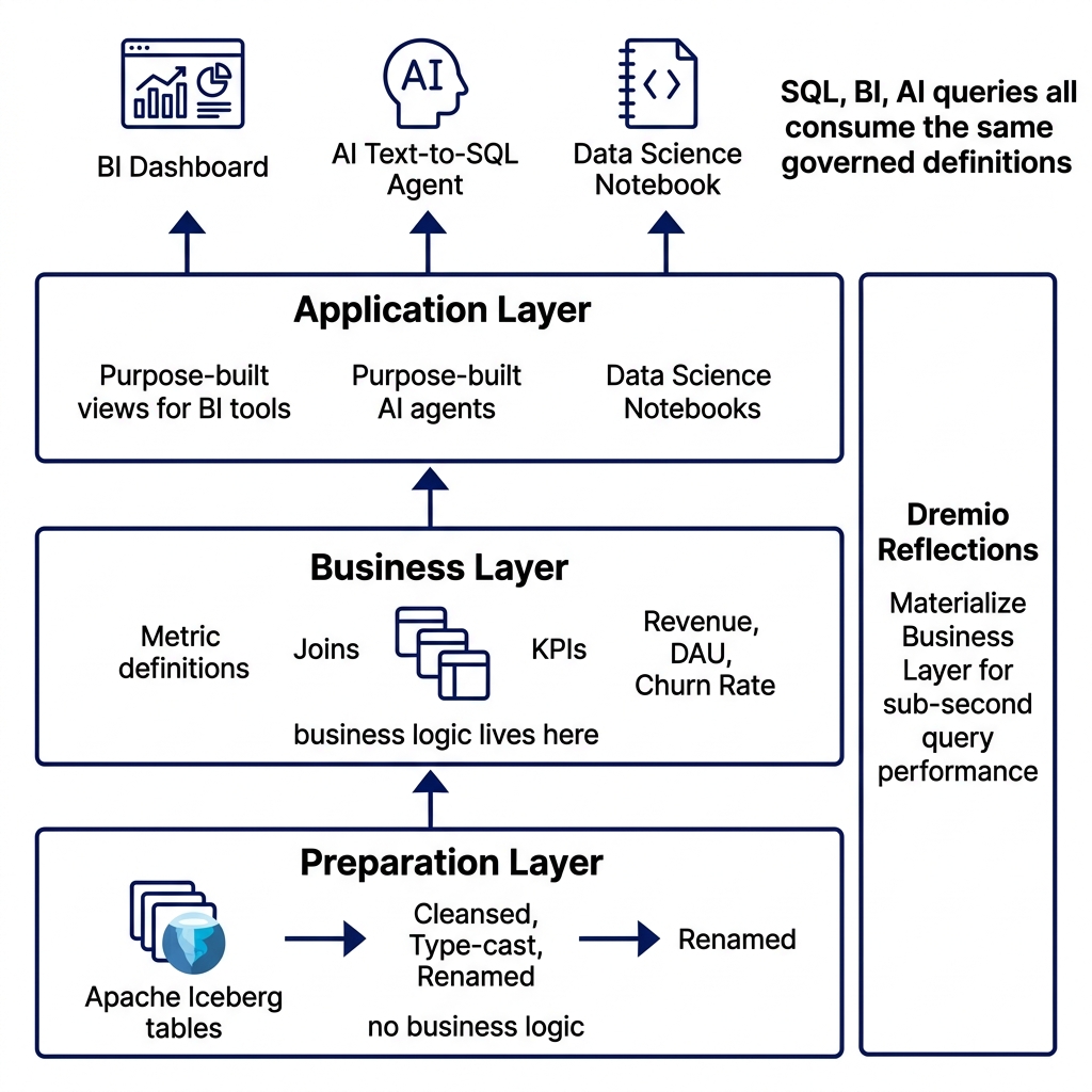 Dremio three-tier semantic layer architecture showing Preparation Layer at bottom connecting to Apache Iceberg tables, Business Layer in the middle with metric definitions and KPIs, Application Layer at top serving BI dashboards, AI text-to-SQL agents, and data science notebooks, with Dremio Reflections on the right accelerating the Business Layer for sub-second query performance
