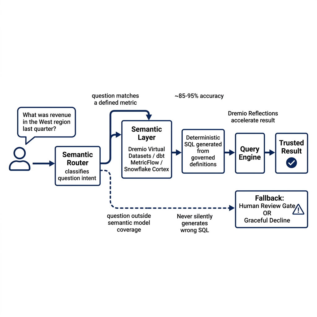 Semantic layer text-to-SQL routing architecture showing user question flowing through semantic router to either semantic model for trusted deterministic SQL or falling back to raw LLM text-to-SQL with human review