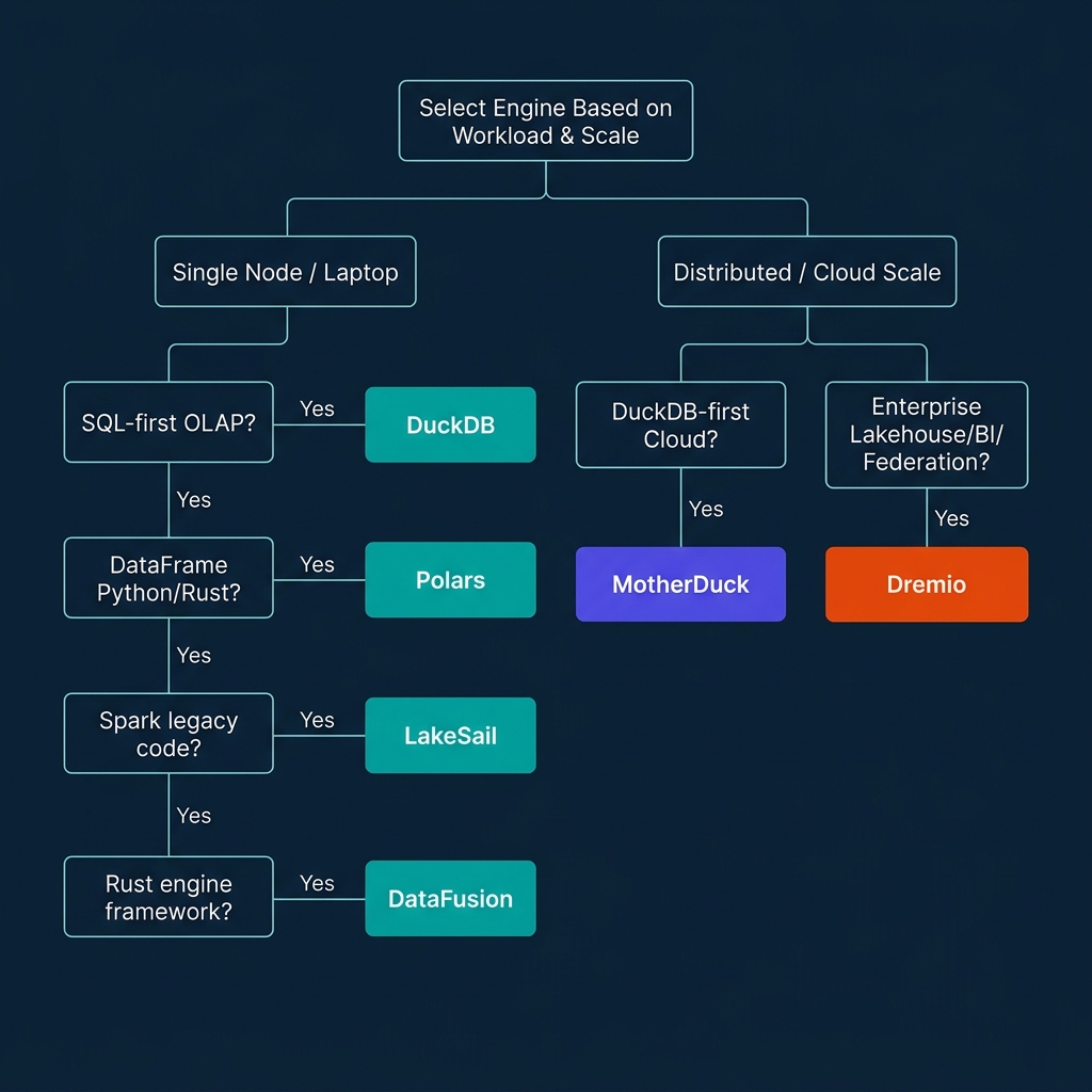 Flowchart decision tree helping engineers select the correct analytical engine based on workload and scale