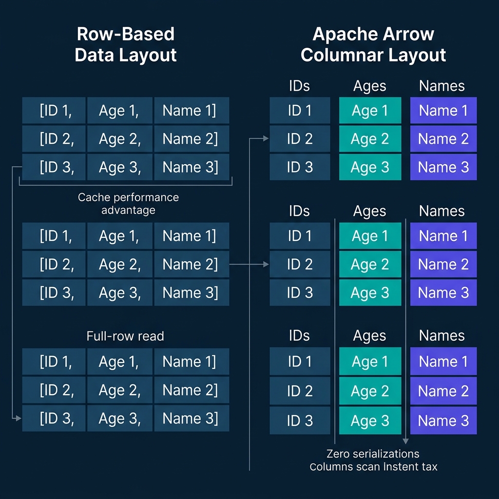 Comparison diagram showing the row-based layout versus Apache Arrow's columnar in-memory format and zero-serialization pointer exchange