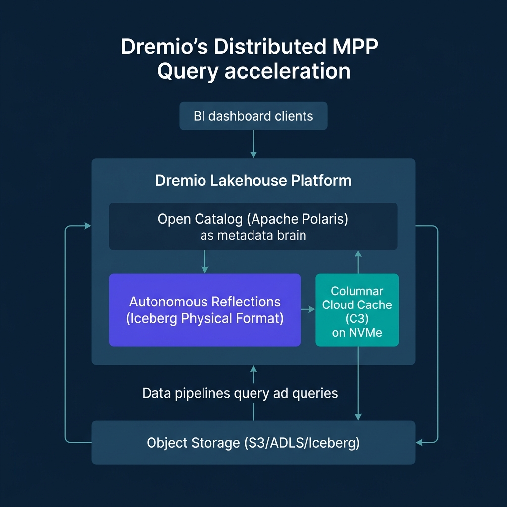 Dremio MPP query engine architecture showing Columnar Cloud Cache on NVMe, Iceberg-based Autonomous Reflections, Open Catalog powered by Polaris, and Arrow Flight client streaming