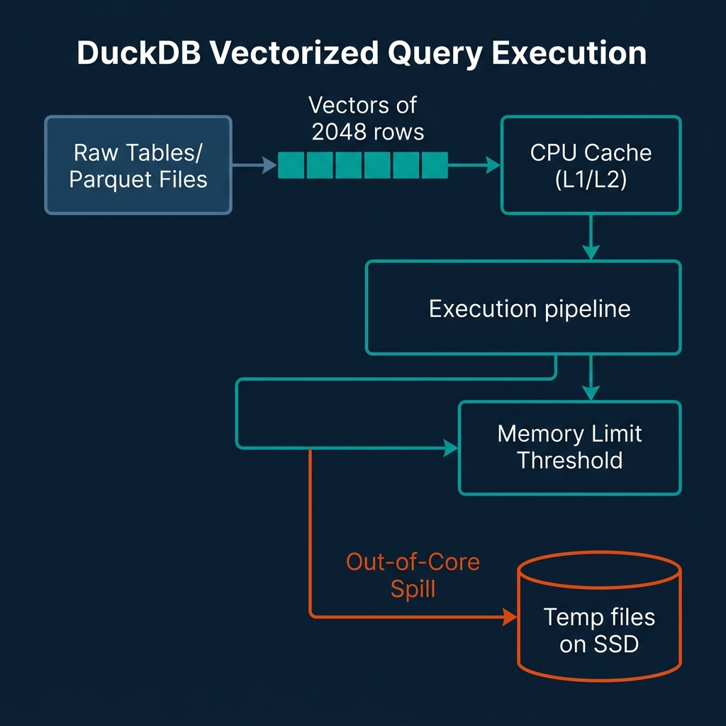 DuckDB vectorized execution architecture showing chunked vector pipelines inside CPU cache and out-of-core spilling to SSD temp files