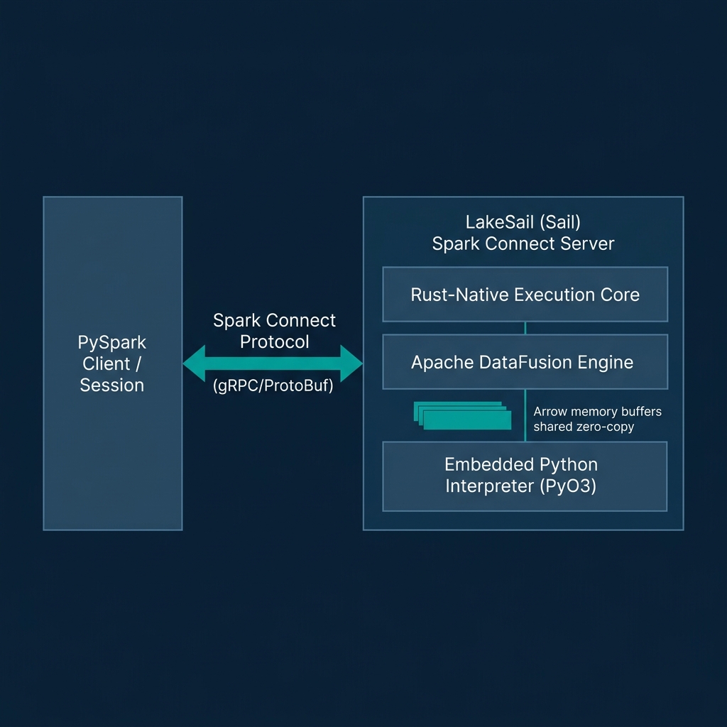 LakeSail Spark Connect architecture showing PySpark client communicating over gRPC to a Rust-native Spark Connect server with DataFusion and PyO3 embedded UDF zero-copy memory buffers