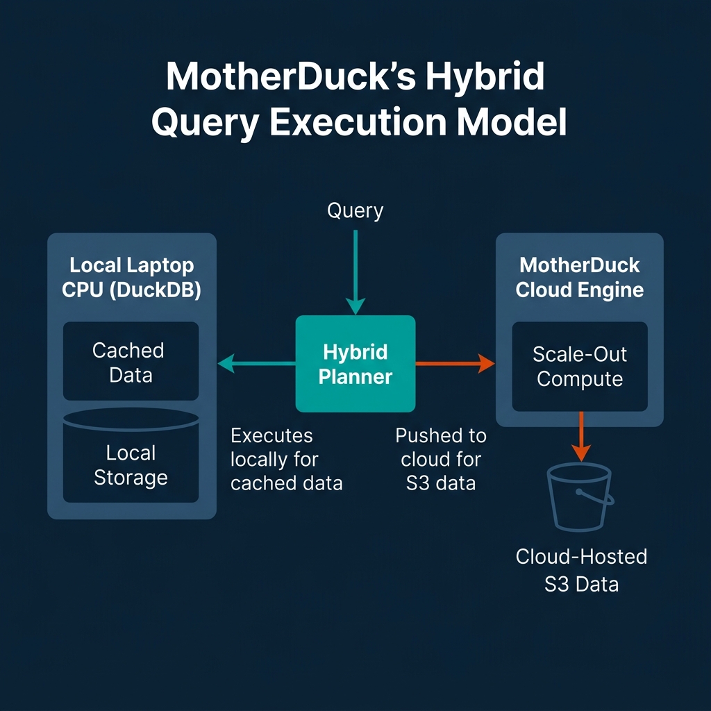 MotherDuck Dual Execution model showing how queries are split by a Hybrid Planner between local laptop CPUs and MotherDuck Cloud Engines