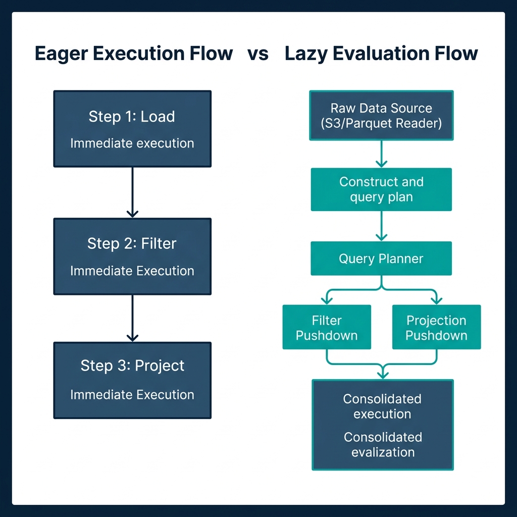 Polars query planning diagram showing Eager sequential execution vs Lazy DAG optimization pathways with projection and predicate pushdowns