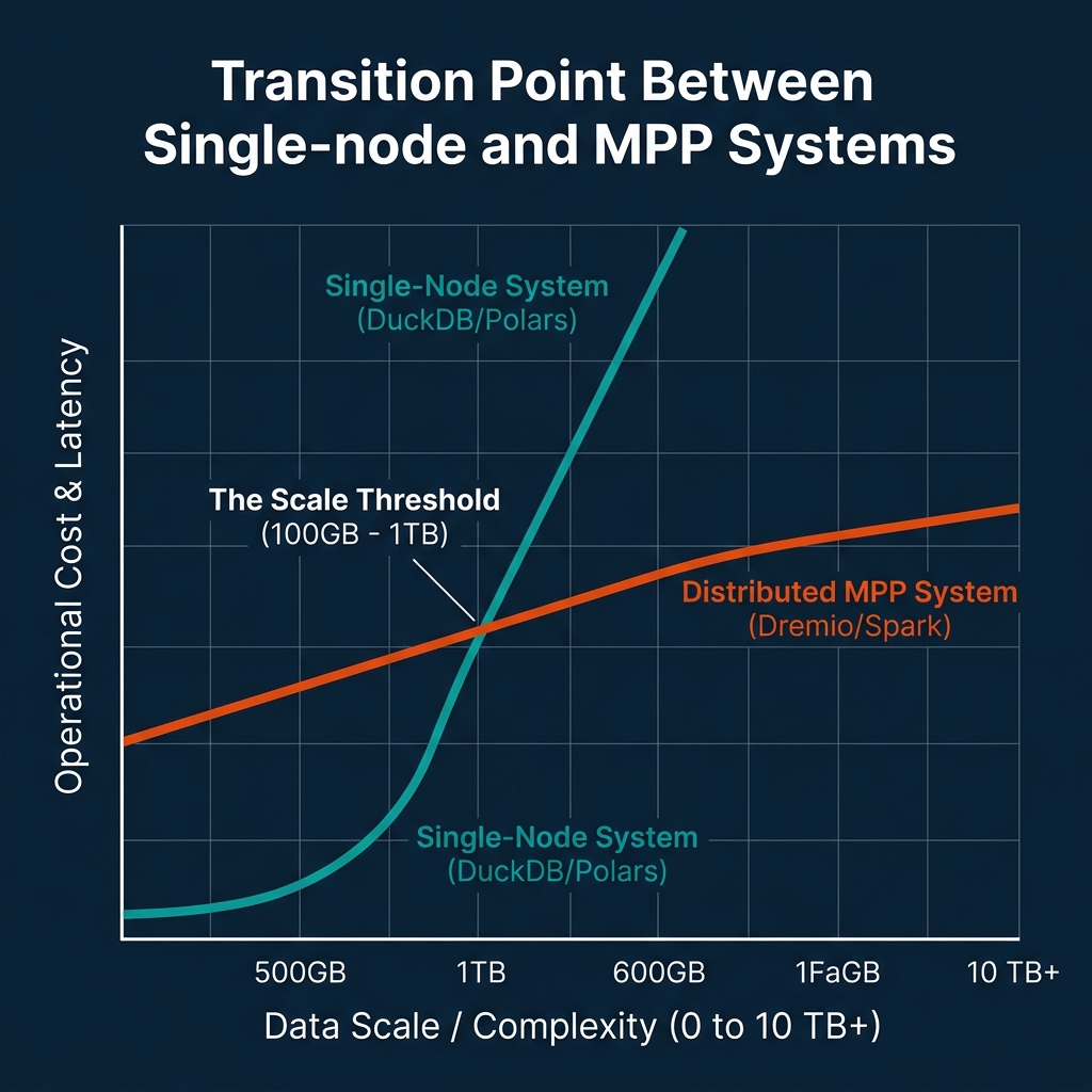Performance-cost threshold graph showing single-node vs MPP execution efficiency zones based on data scale