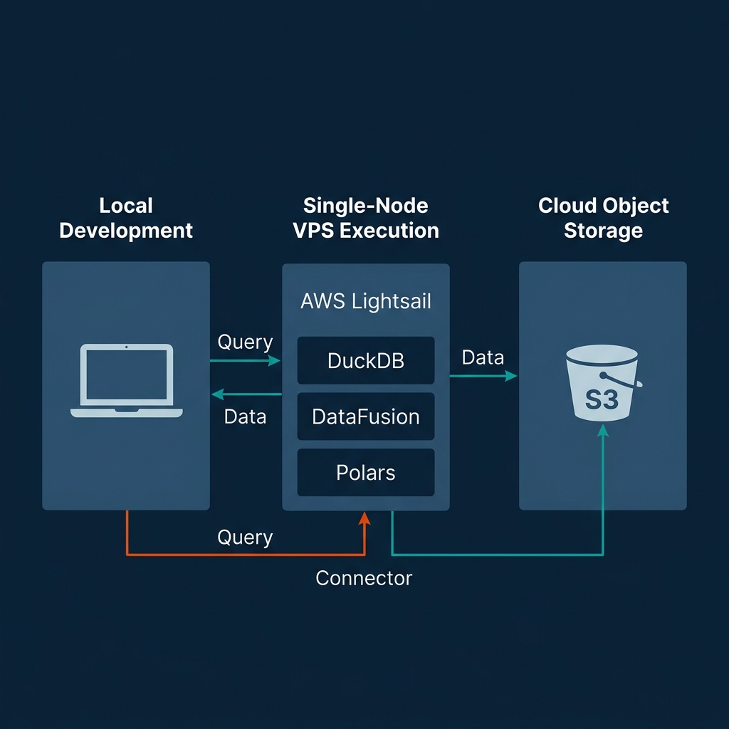 Architecture diagram showing the single-node data engineering ecosystem from local laptops to single-node engines querying S3